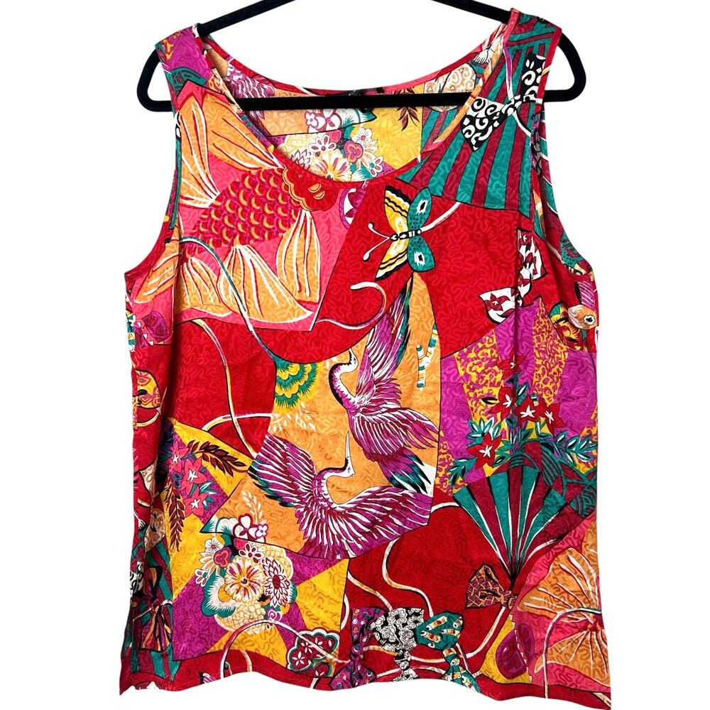 Vintage Louis Feraud Multicolor Silk Tank Top Blouse Crane Koi Butterfly Size 14